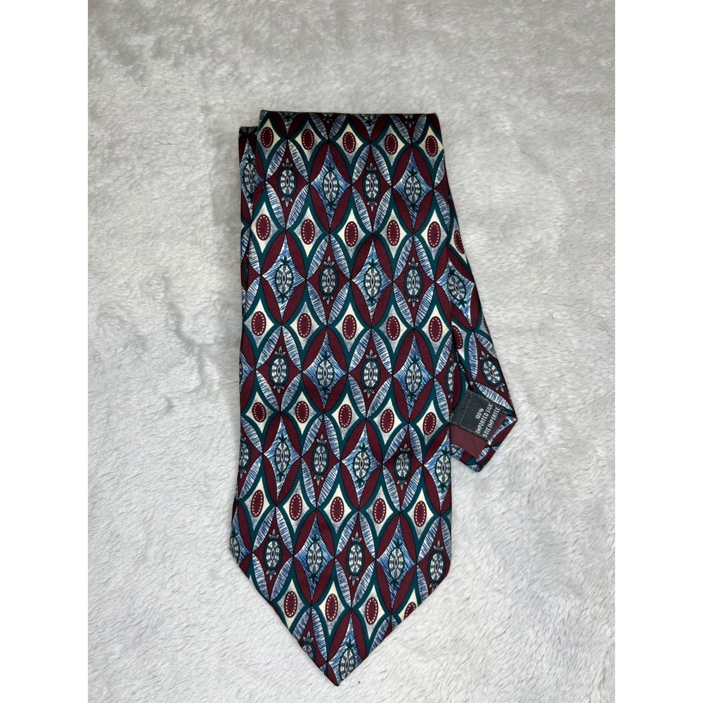 Christian Dior Mens Silk Necktie Geometric Medallion Burgundy Teal 4in Width